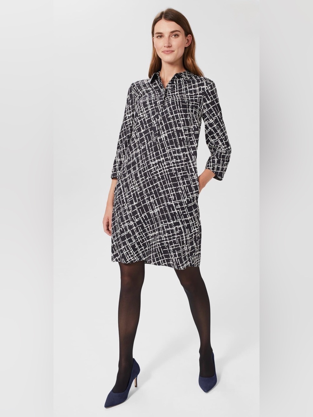 Hobbs London Navy Ivory Abstract Geometric Print Tunic Dress 3/4 Sleeve US 4